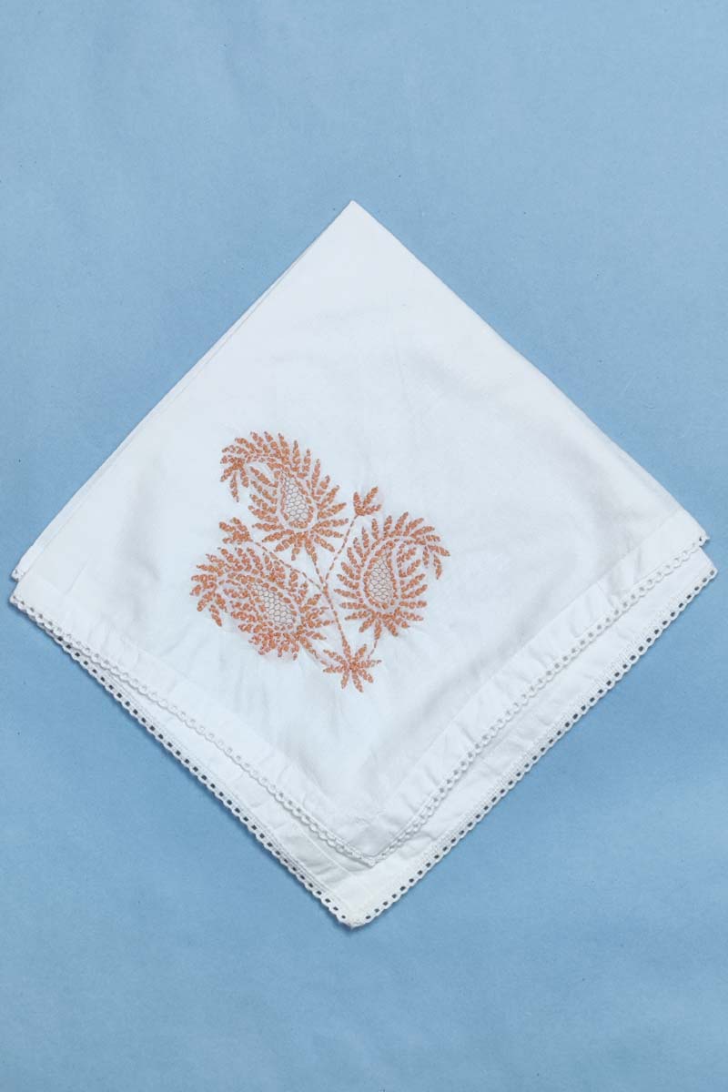 Hand Embroidered Tepchi Work White Cotton Lucknowi Chikan Tea Napkin (set Of 5 Pcs) )